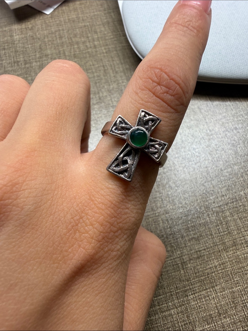 Celtic Cross Ring with Green Stone - Women’s Jewelry